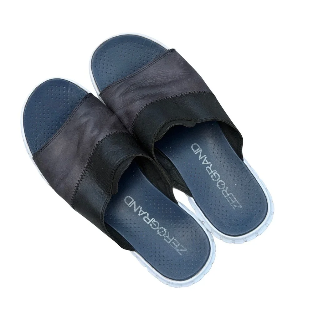 Cole Haan Zerogrand Mens 12M Leather Slide Black Grey Sandals Casual Comfort